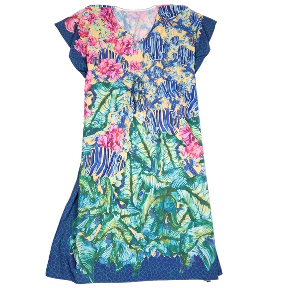 Polvere Dress V Neck Tropical Print Short Sleeve Size XL Blue Resortcore Style - Picture 1 of 8